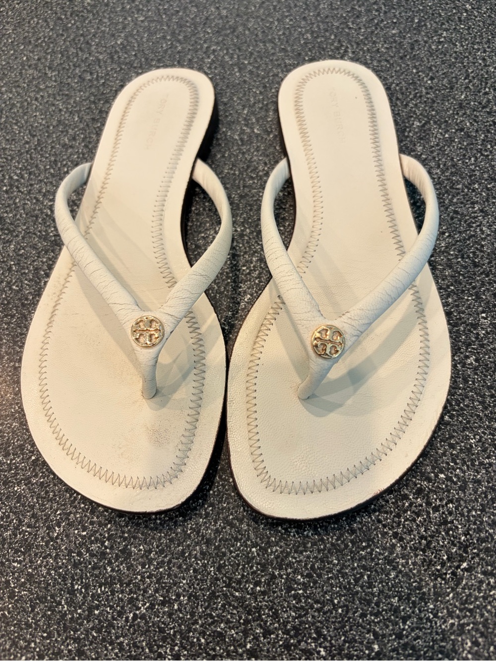 Tory Burch White Leather Logo Thong Sandals
